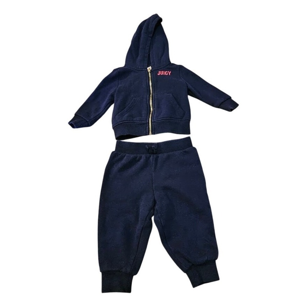 Juicy Couture Navy Blue Fleece Tracksuit Hoodie and Joggers Set 12M Pink Glitter